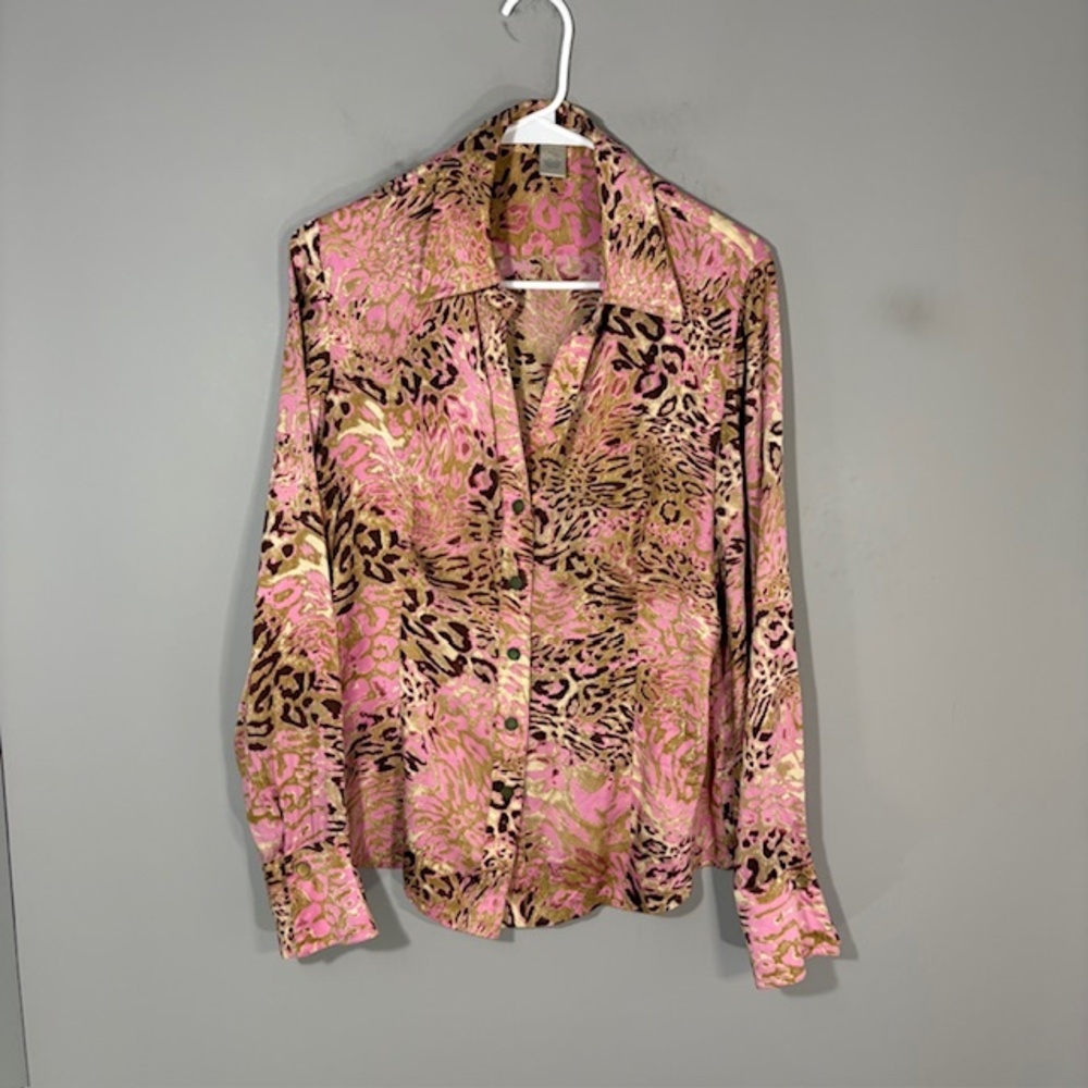 Cache Blouse Womens Large Pink Leopard Silk Blend Button Long Sleeve Stretch Top